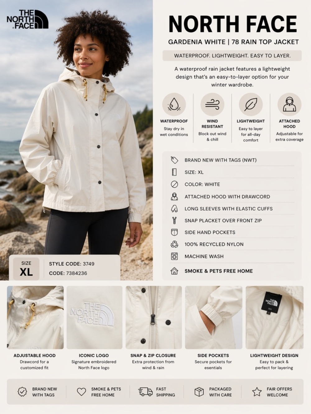 THE NORTH FACE Gardenia White 78 Rain Top Jacket NWT XL Waterproof Hooded Coat
